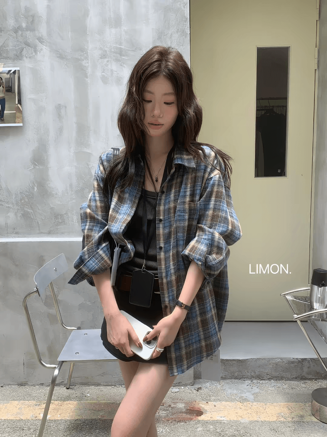 the limon 레몬 녹차 2026 가을 한 부서 체크무늬 여성 셔츠 루즈핏 느긋한 느슨함 센스 셔츠 상세 이미지 4