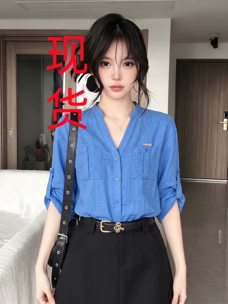 프랑스식 오래된 돈 바람 파란색 POLO 칼라 셔츠 여성 의류 여름 캐주얼 루즈핏 면 린넨 긴팔 자외선 차단 셔츠 재킷