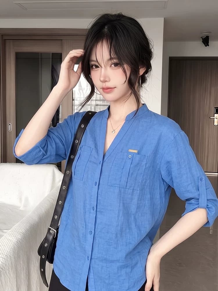 프랑스식 오래된 돈 바람 파란색 POLO 칼라 셔츠 여성 의류 여름 캐주얼 루즈핏 면 린넨 긴팔 자외선 차단 셔츠 재킷 이미지 4