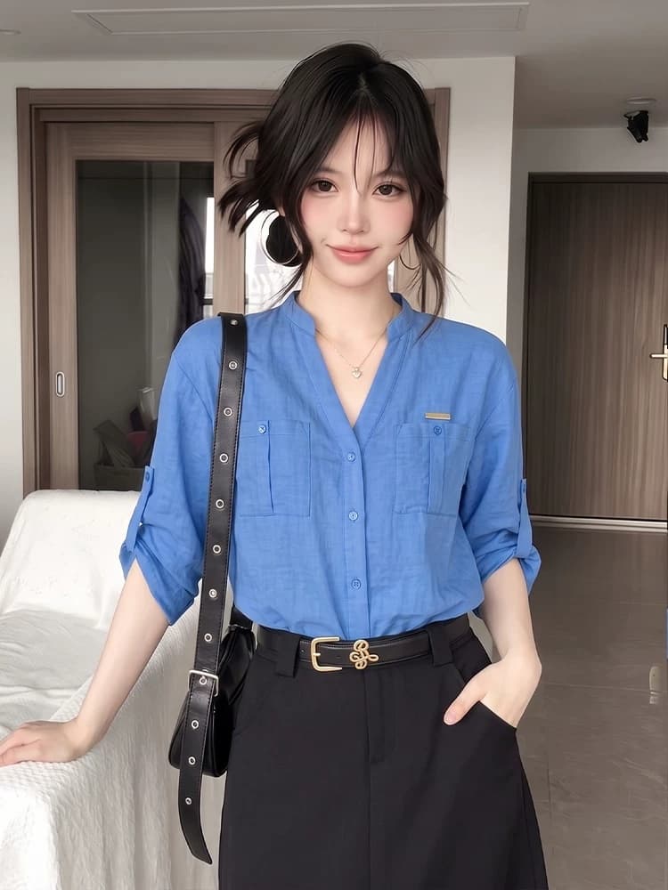 프랑스식 오래된 돈 바람 파란색 POLO 칼라 셔츠 여성 의류 여름 캐주얼 루즈핏 면 린넨 긴팔 자외선 차단 셔츠 재킷 상세 이미지 3