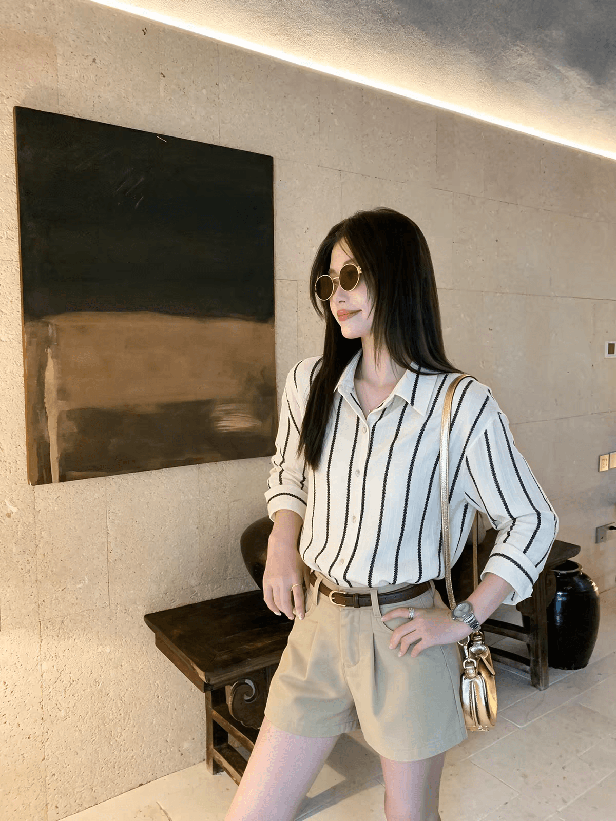 한 번 작은 짭짤한 프랑스식 레트로 스트라이프 긴팔 여성 셔츠 이른 가을 신제품 품격 고급 센스 출퇴근 폴로 칼라 셔츠 상세 이미지 3