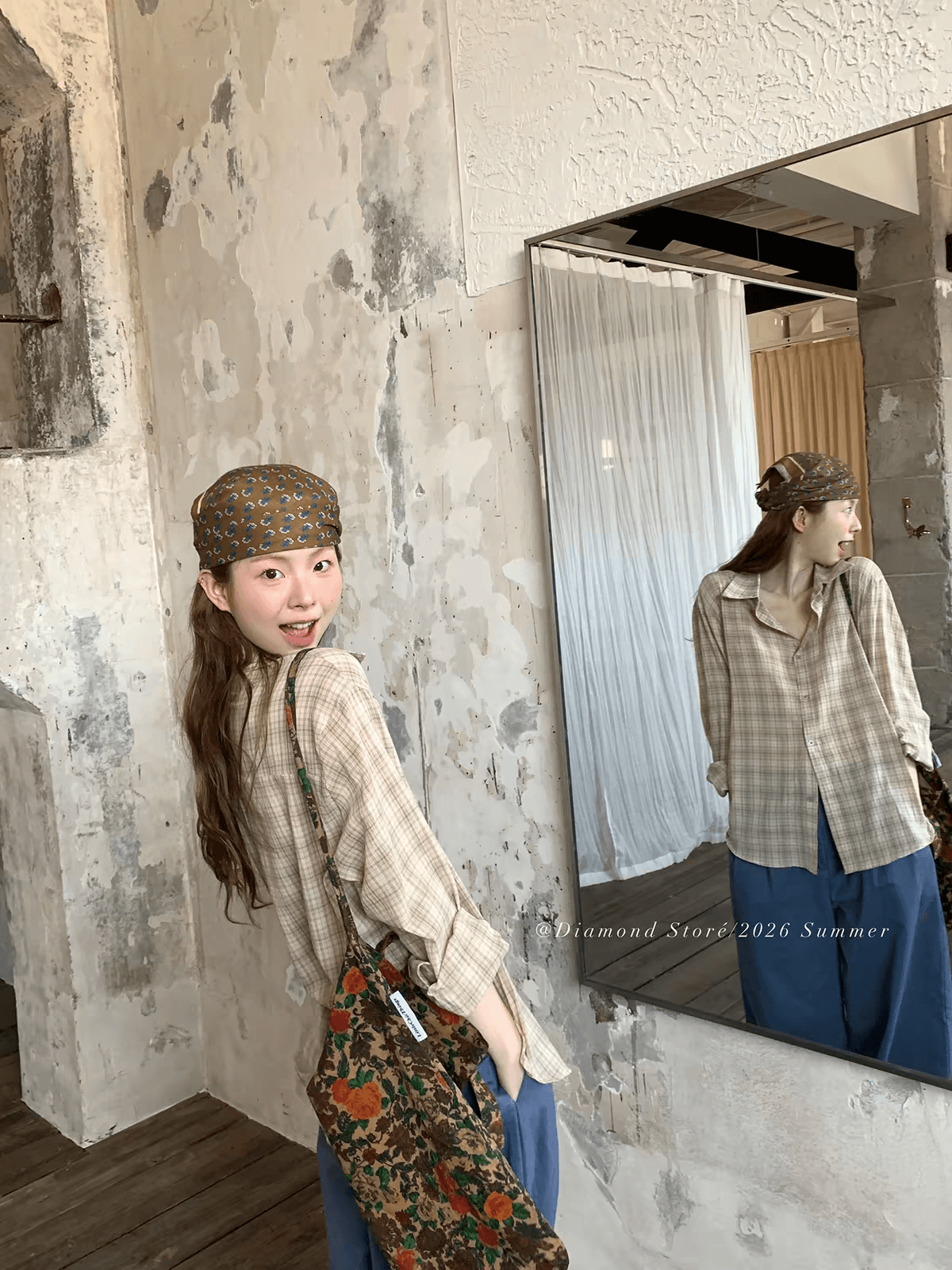 diamond 역순 스타일 얕은 살구 체크무늬 셔츠 레트로 그리드 폴로 칼라 루즈핏 긴팔 셔츠 캐주얼 맨위 상세 이미지 1