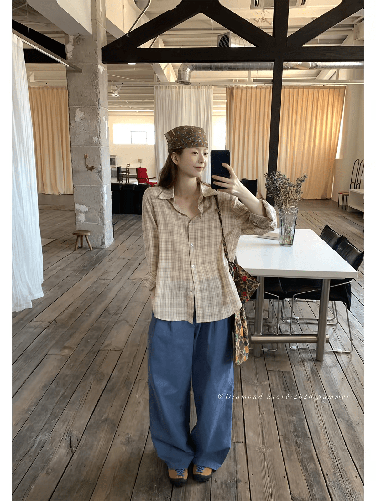 diamond 역순 스타일 얕은 살구 체크무늬 셔츠 레트로 그리드 폴로 칼라 루즈핏 긴팔 셔츠 캐주얼 맨위 상세 이미지 2