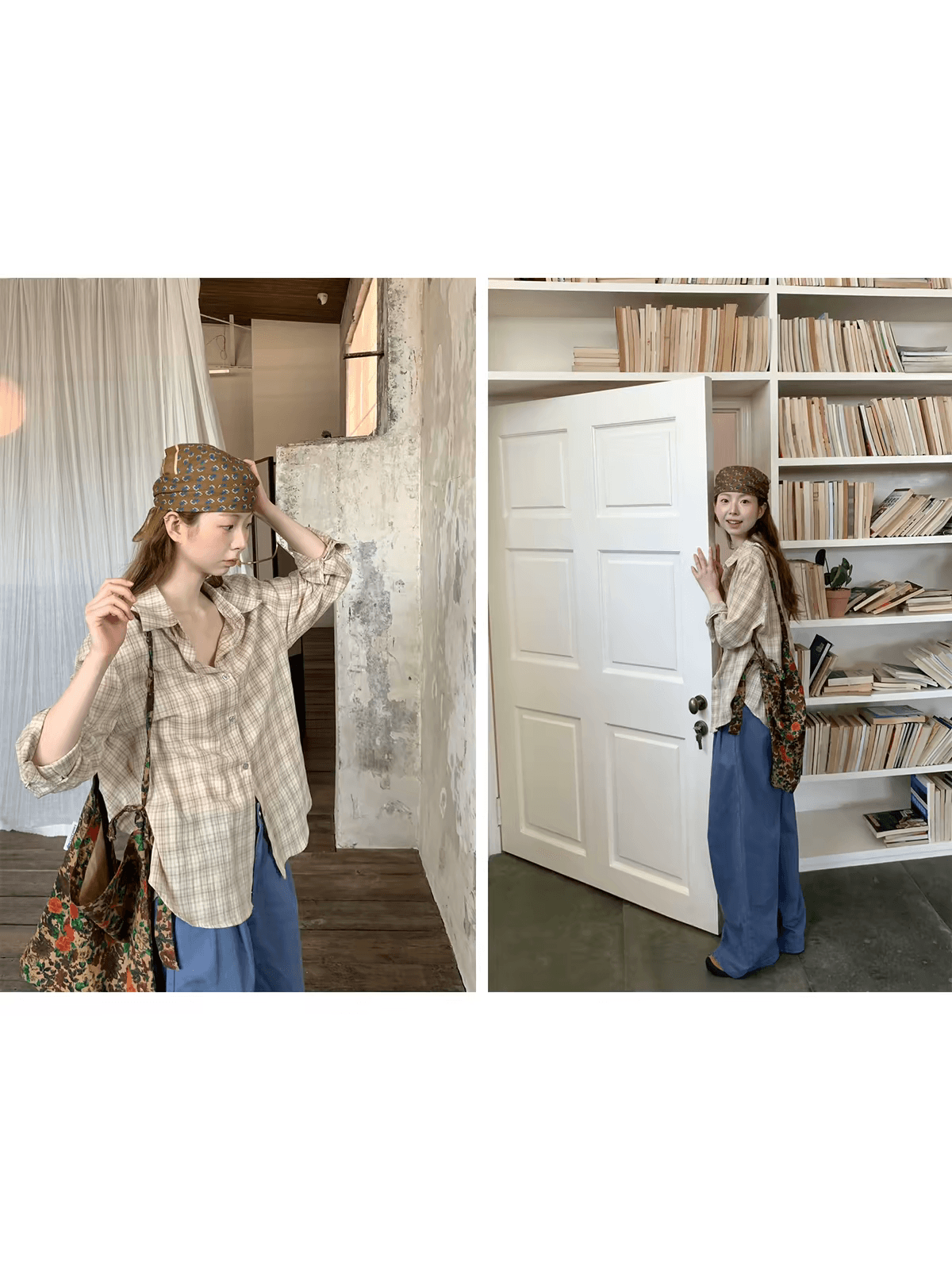 diamond 역순 스타일 얕은 살구 체크무늬 셔츠 레트로 그리드 폴로 칼라 루즈핏 긴팔 셔츠 캐주얼 맨위 상세 이미지 4