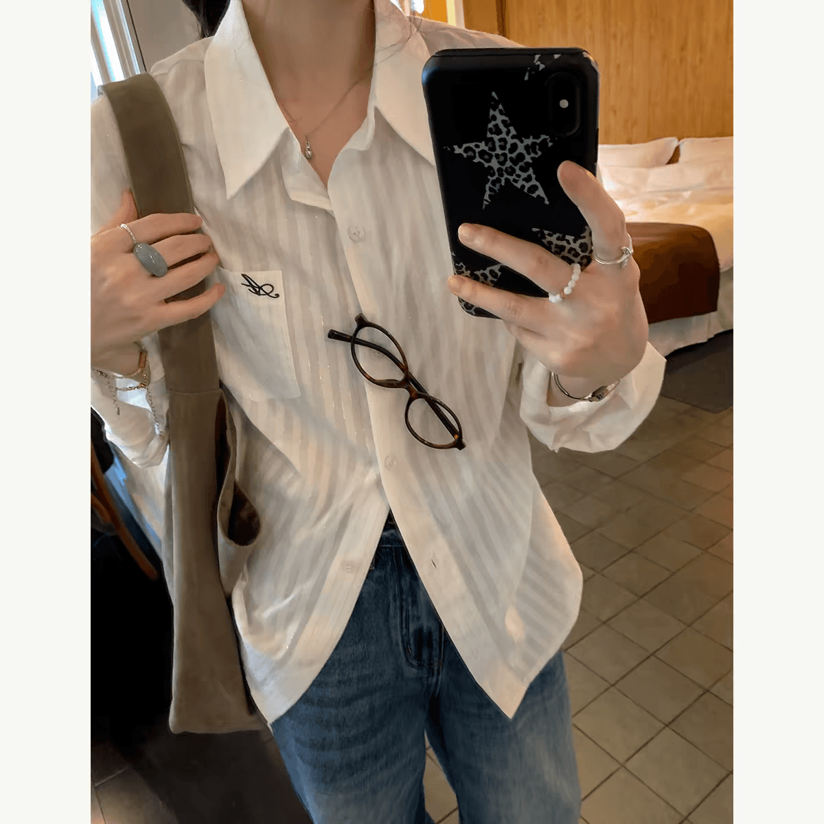 sisilyon 얕은 슈오 질감 한 센스 은사 어둠 스트라이프 여성 셔츠 가을 작은 키 출퇴근 높음 지혜 센스 셔츠 이미지 4