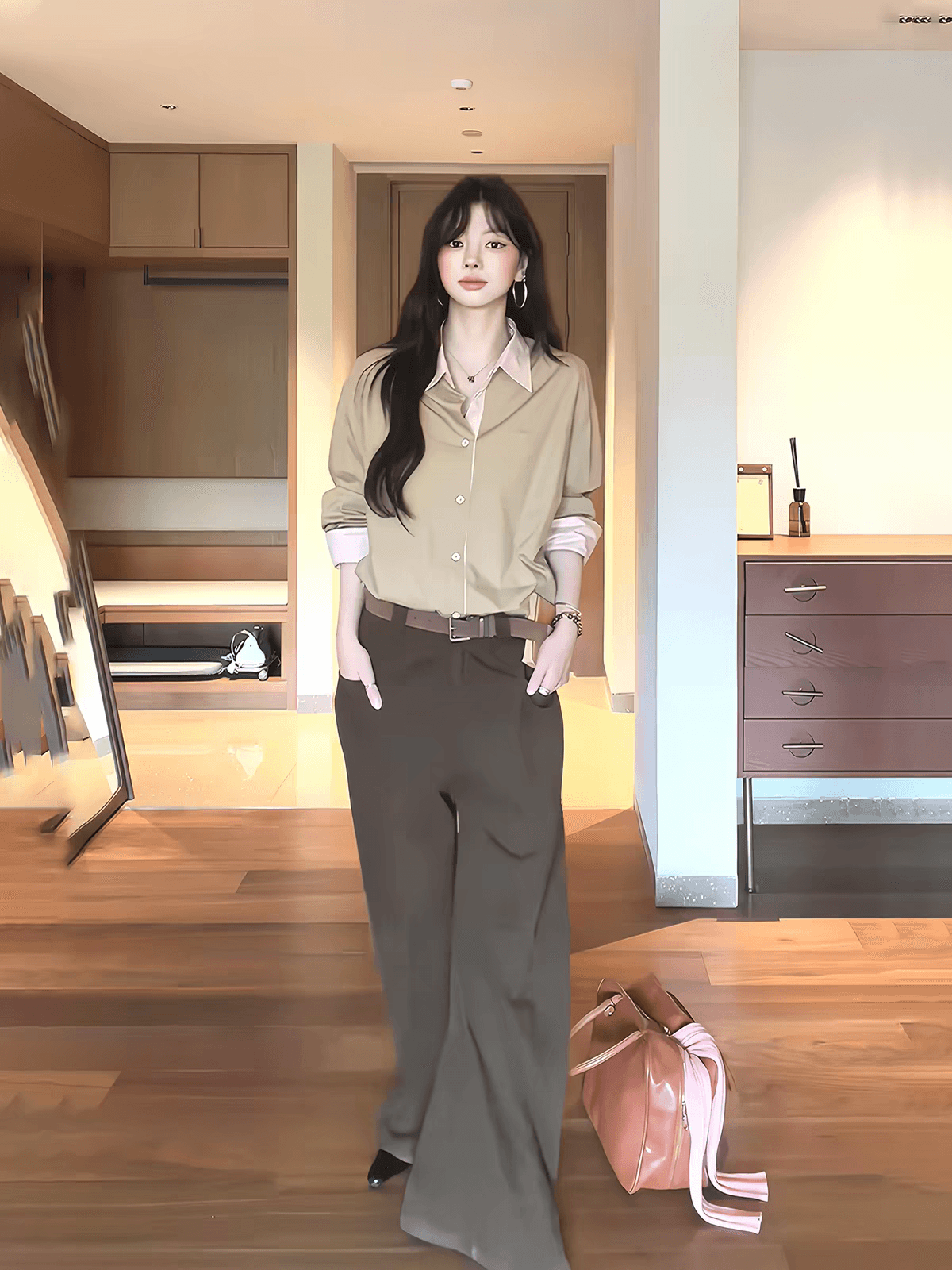 프랑스식 느긋한 바람 카키 색 배색 긴팔 여성 셔츠 가을 루즈핏 폴로 칼라 슬림해 보이는 오래된 돈 바람 디자인 센스 맨위