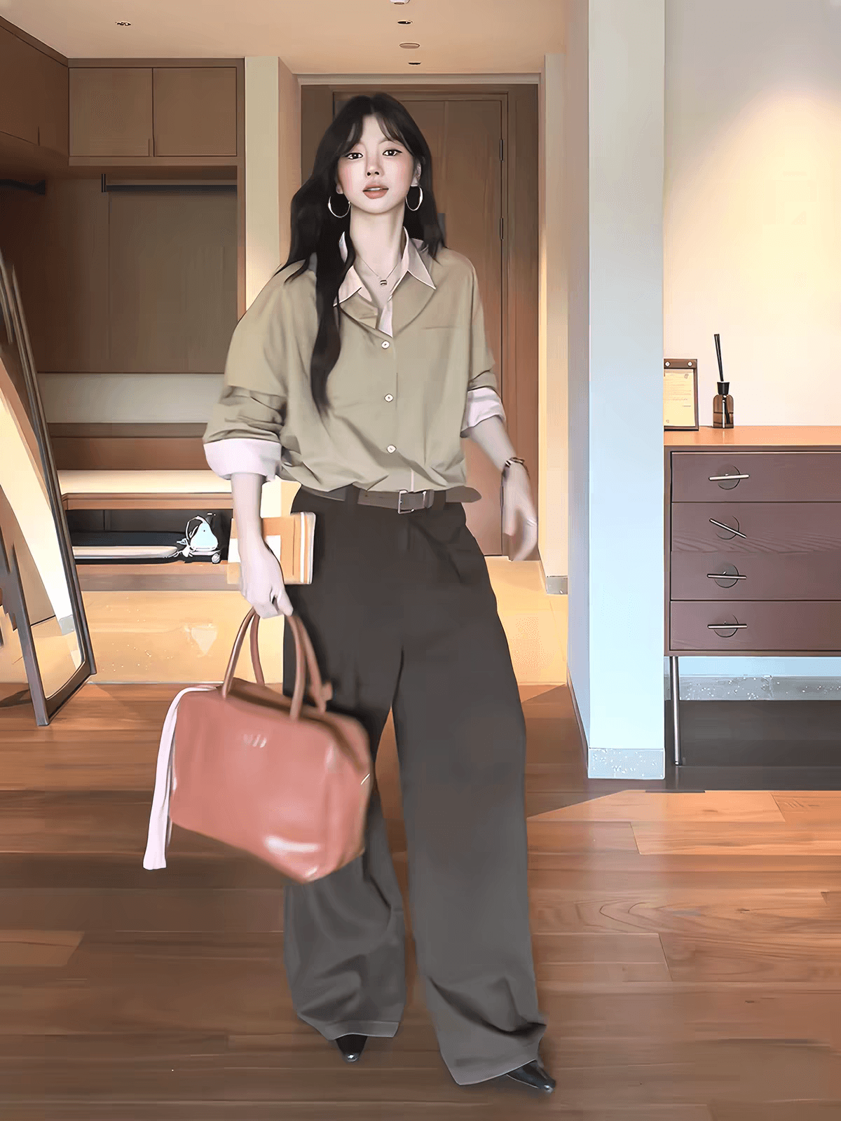 프랑스식 느긋한 바람 카키 색 배색 긴팔 여성 셔츠 가을 루즈핏 폴로 칼라 슬림해 보이는 오래된 돈 바람 디자인 센스 맨위 이미지 2
