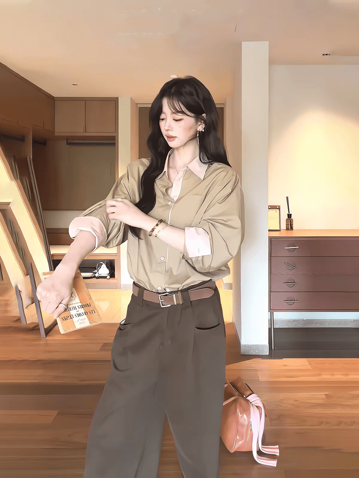 프랑스식 느긋한 바람 카키 색 배색 긴팔 여성 셔츠 가을 루즈핏 폴로 칼라 슬림해 보이는 오래된 돈 바람 디자인 센스 맨위 이미지 3