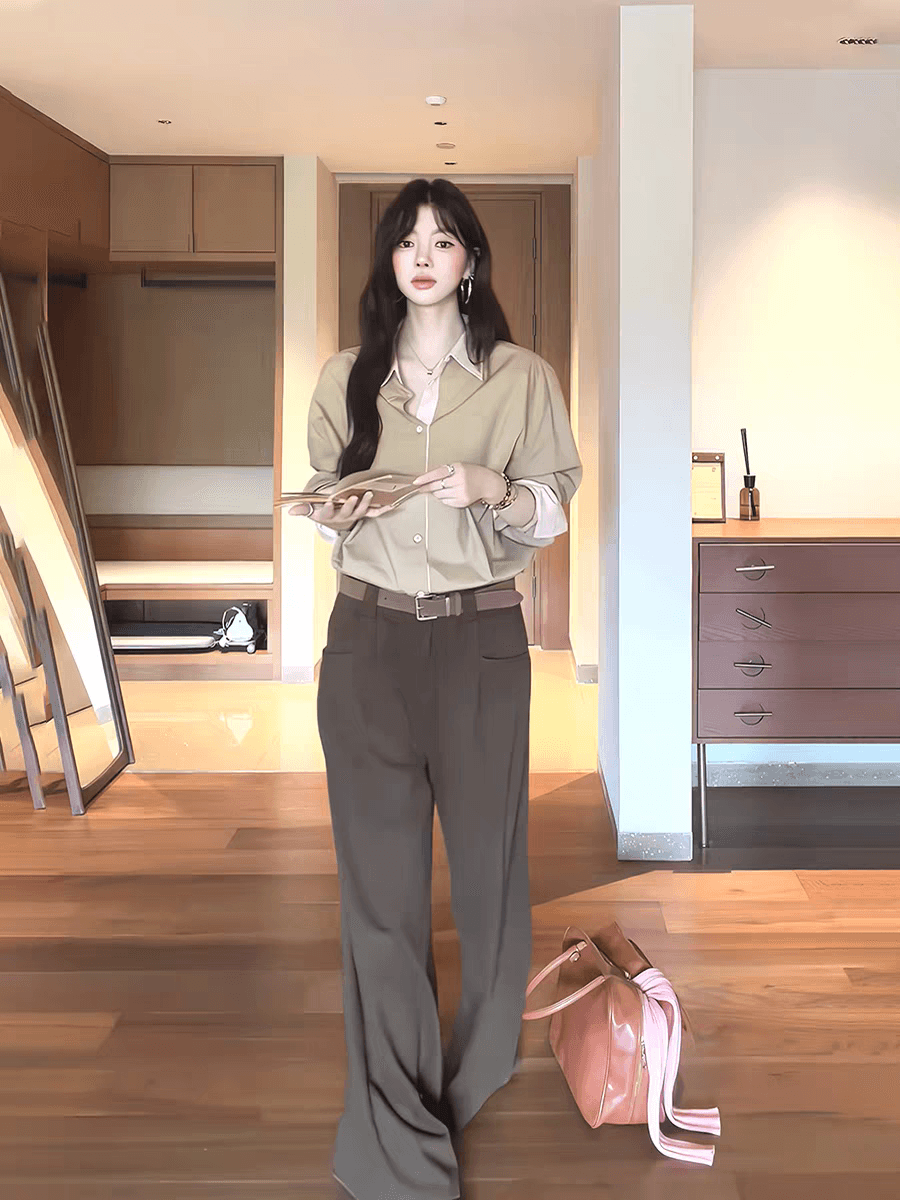 프랑스식 느긋한 바람 카키 색 배색 긴팔 여성 셔츠 가을 루즈핏 폴로 칼라 슬림해 보이는 오래된 돈 바람 디자인 센스 맨위 상세 이미지 4