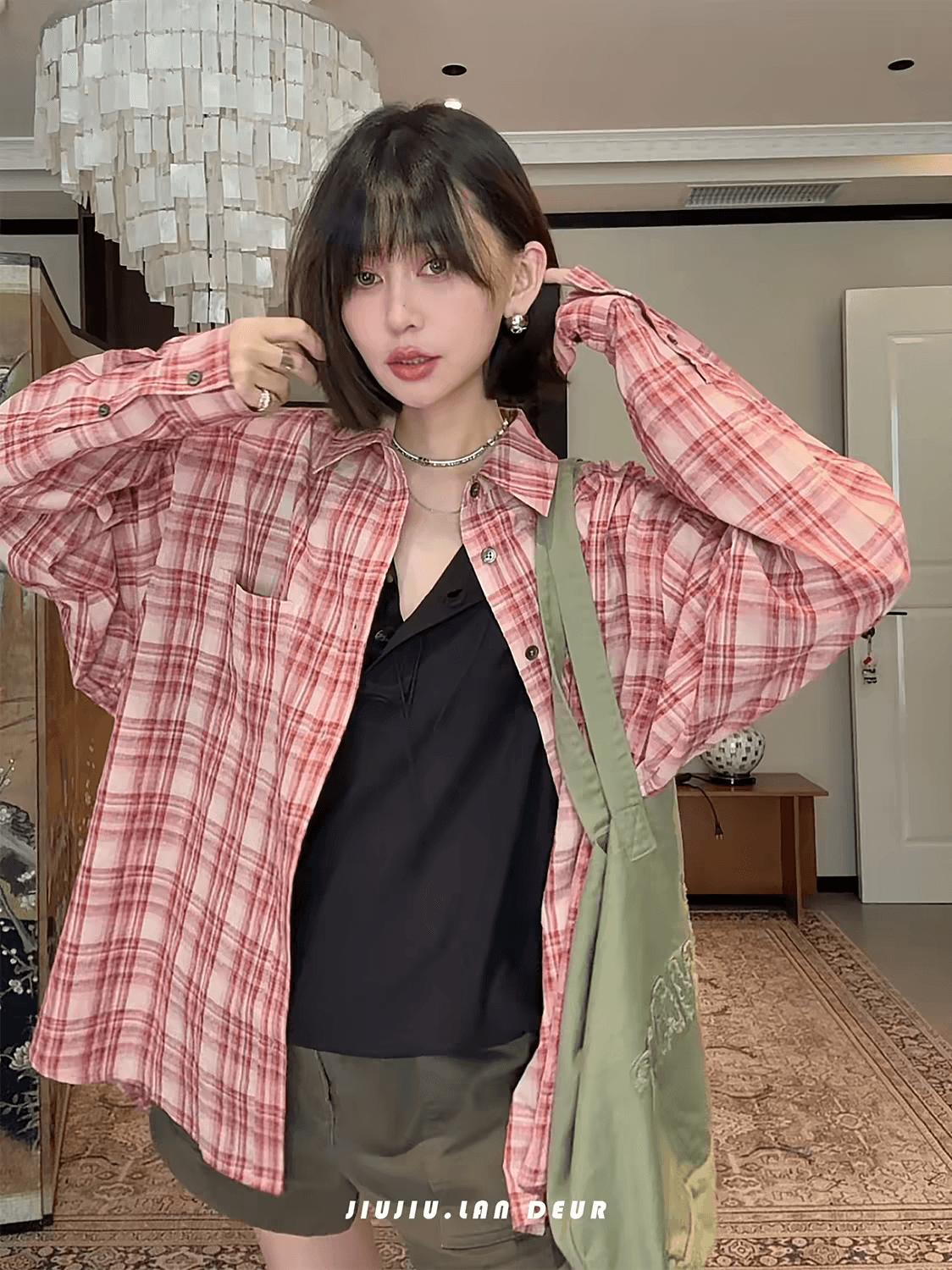 lan deur 청 제인 인간 느슨함 센스 한 부서 루즈핏 캐주얼 느긋한 체크무늬 긴팔 여성 셔츠 상세 이미지 1