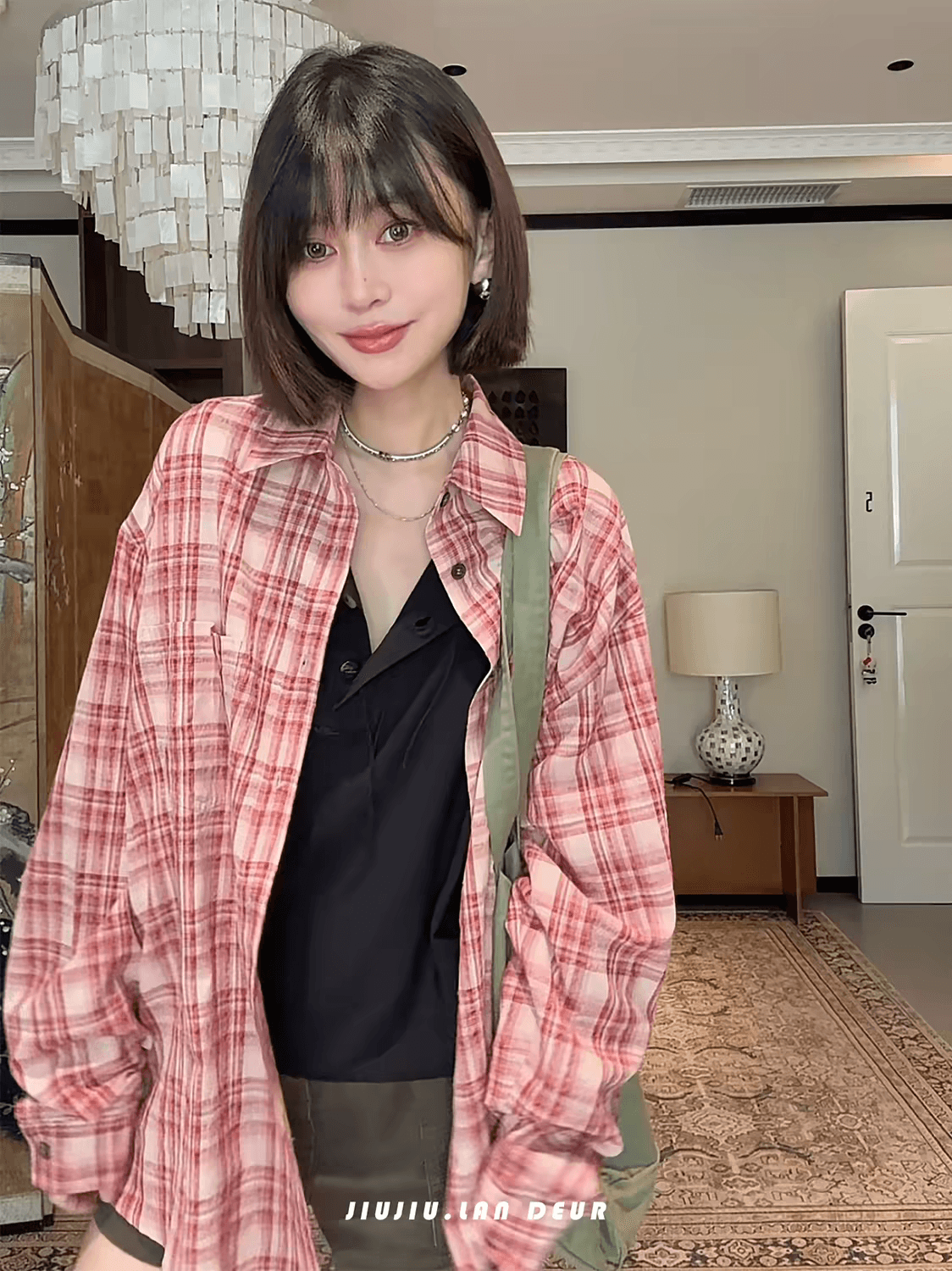 lan deur 청 제인 인간 느슨함 센스 한 부서 루즈핏 캐주얼 느긋한 체크무늬 긴팔 여성 셔츠 상세 이미지 3
