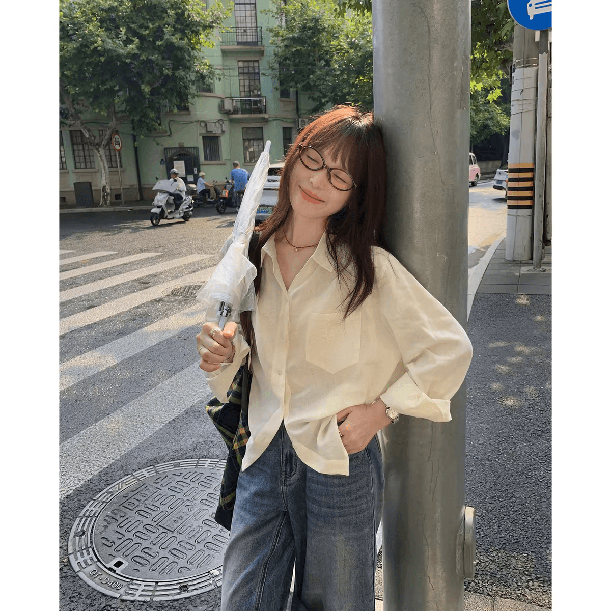 sisilyon 빛 연 착용 가져 가라. 한 부서 구 아슈 여성 셔츠 작은 키 출퇴근 캐주얼 바람 셔츠 상세 이미지 2