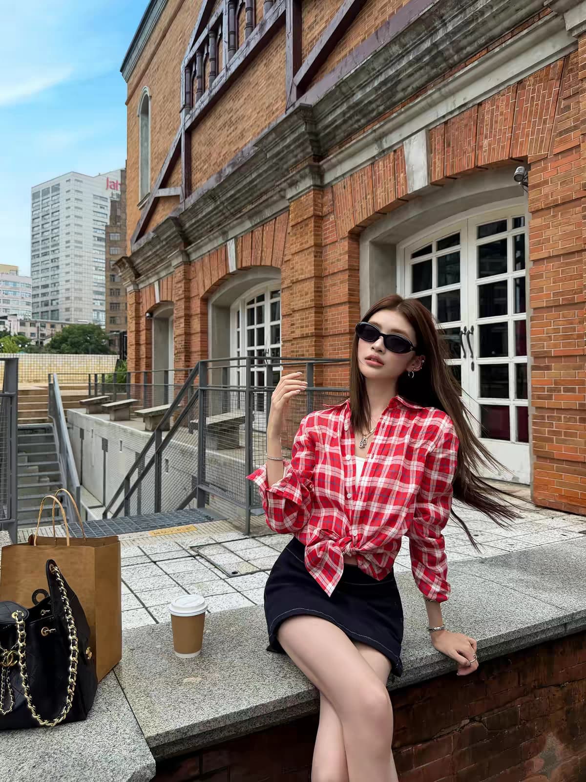 지구 가게 아메리칸 레트로 빨간색 격자 무늬 셔츠 긴팔 자외선 차단 오래된 돈 바람 작은 키 착용 잡아라. 의류 여성 상세 이미지 2