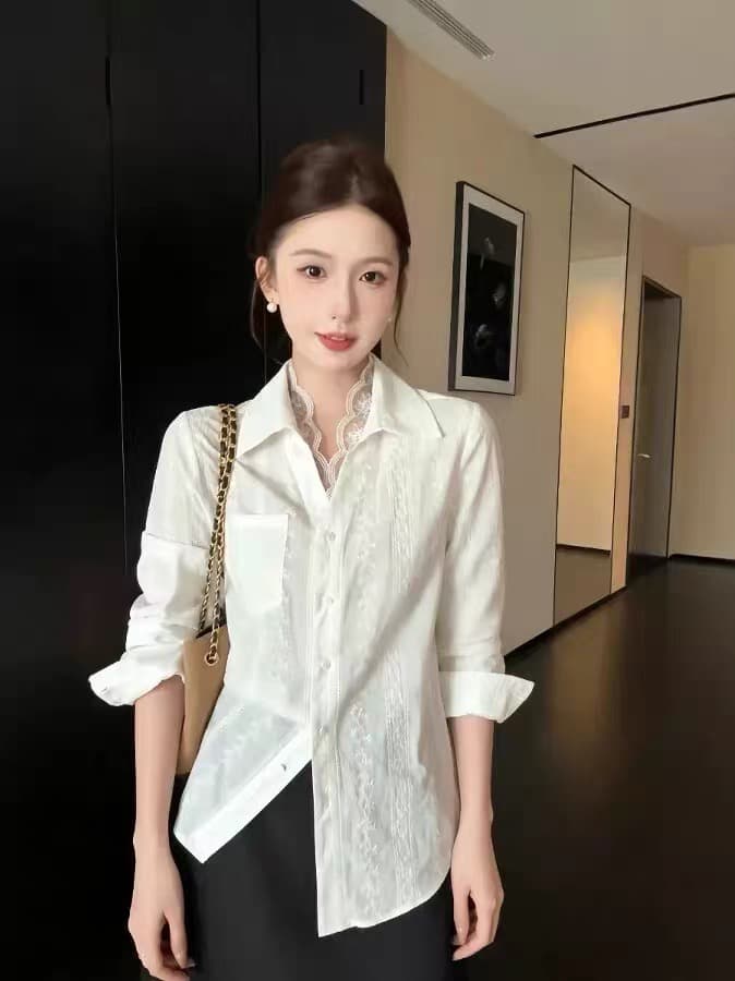 shaoer 화이트 구름 이른 가을 작은 폴로 칼라 긍정적 인 어깨 홀로우 아웃 자수 싱글 줄 버튼 루즈핏 셔츠