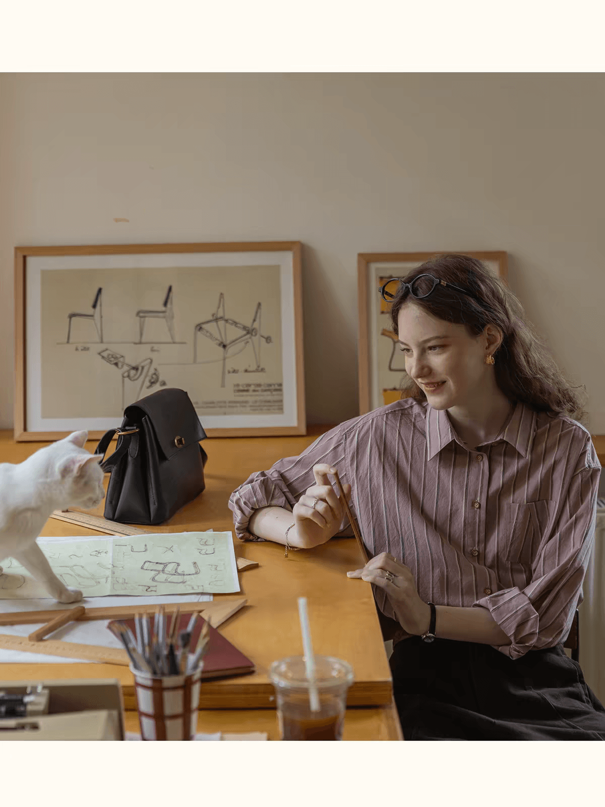 rc-dailyart 분말 팅 저녁 바람 공예 워시 컬러 짜임 고밀도 면 센스 스트라이프 작은 정사각형 칼라 가을 어깨 긴팔 상세 이미지 3