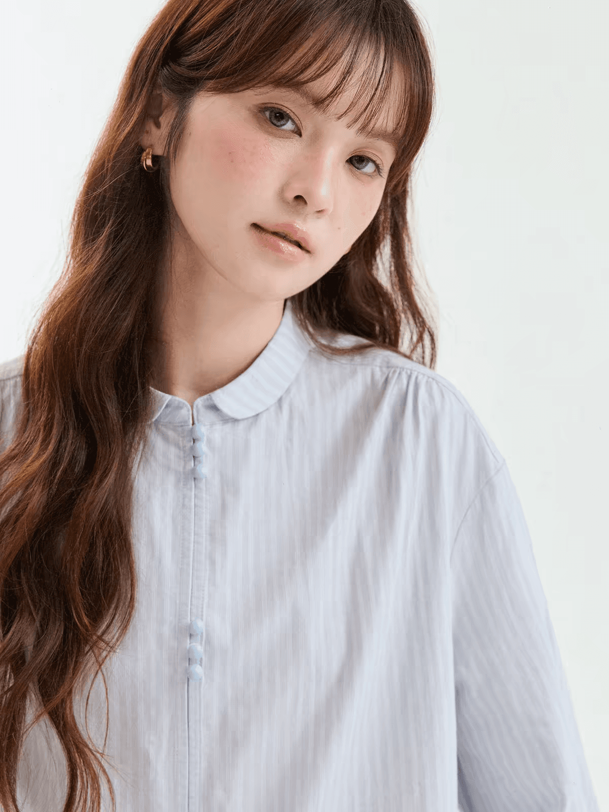 북섬 amuu 오리지널 문예 블루 스트라이프 버섯 버클 순면 여성 셔츠 가을 새로운 한 부서 긴팔 맨위 이미지 3