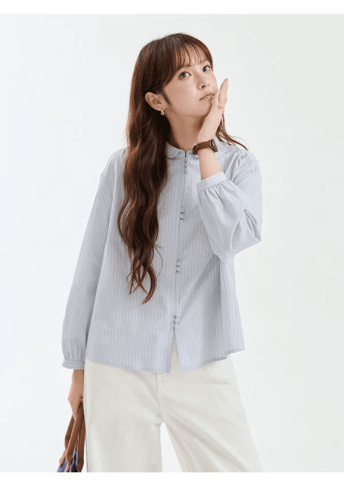 북섬 amuu 오리지널 문예 블루 스트라이프 버섯 버클 순면 여성 셔츠 가을 새로운 한 부서 긴팔 맨위 상세 이미지 1