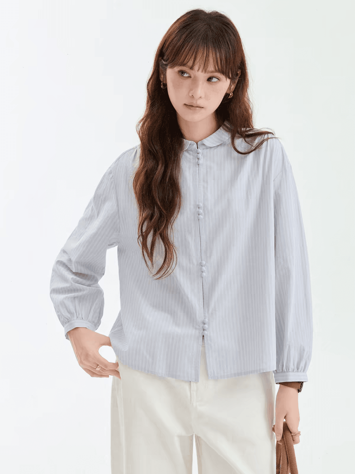 북섬 amuu 오리지널 문예 블루 스트라이프 버섯 버클 순면 여성 셔츠 가을 새로운 한 부서 긴팔 맨위 상세 이미지 2