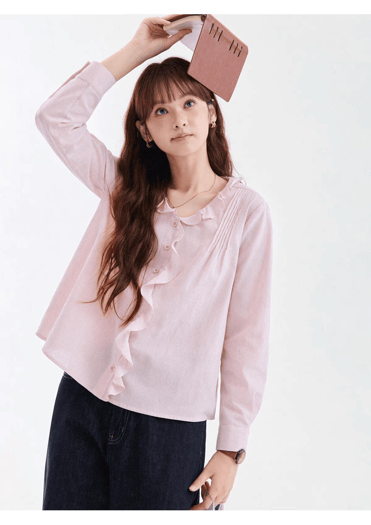 북섬 amuu 오리지널 분말 스트라이프 프릴 V넥 단추 여성 셔츠 가을 새로운 프랑스식 긴팔 맨위 상세 이미지 1