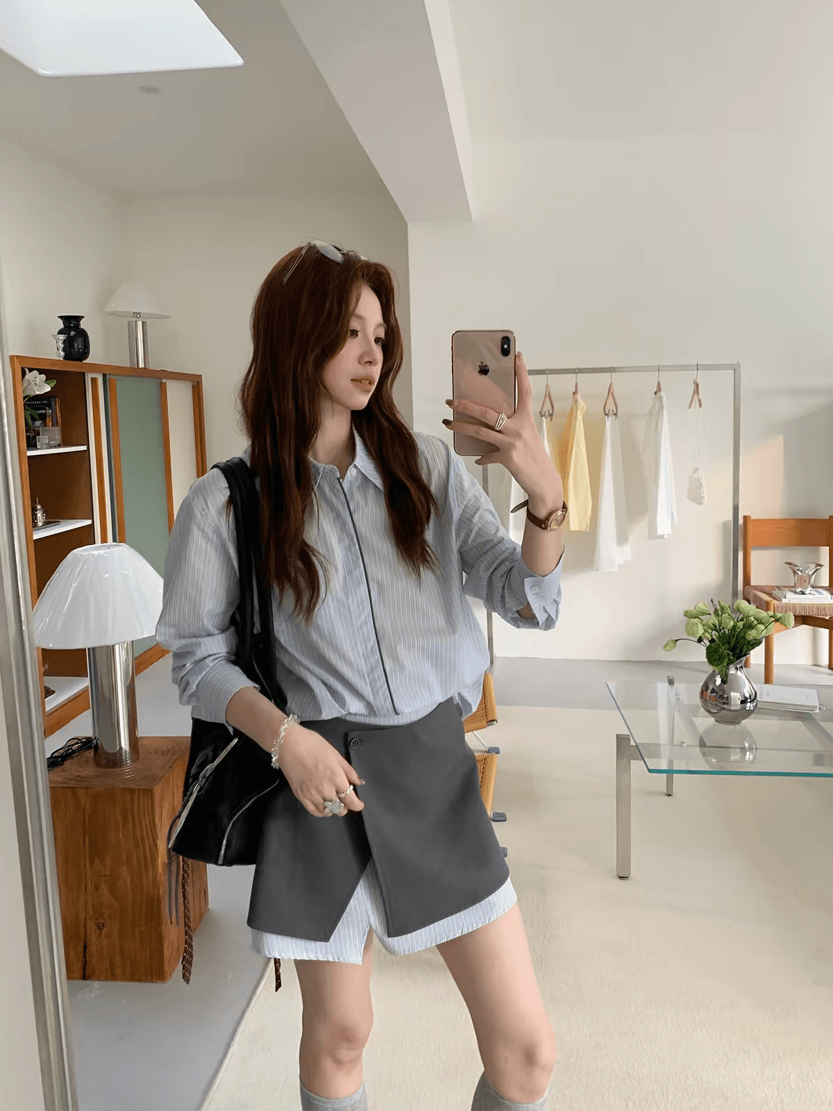 even 하나 원자바오 보 주님 일상 한 부서 높음 지혜 루즈핏 슬림해 보이는 스트라이프 셔츠 폴로 칼라 출퇴근 기초 맨위