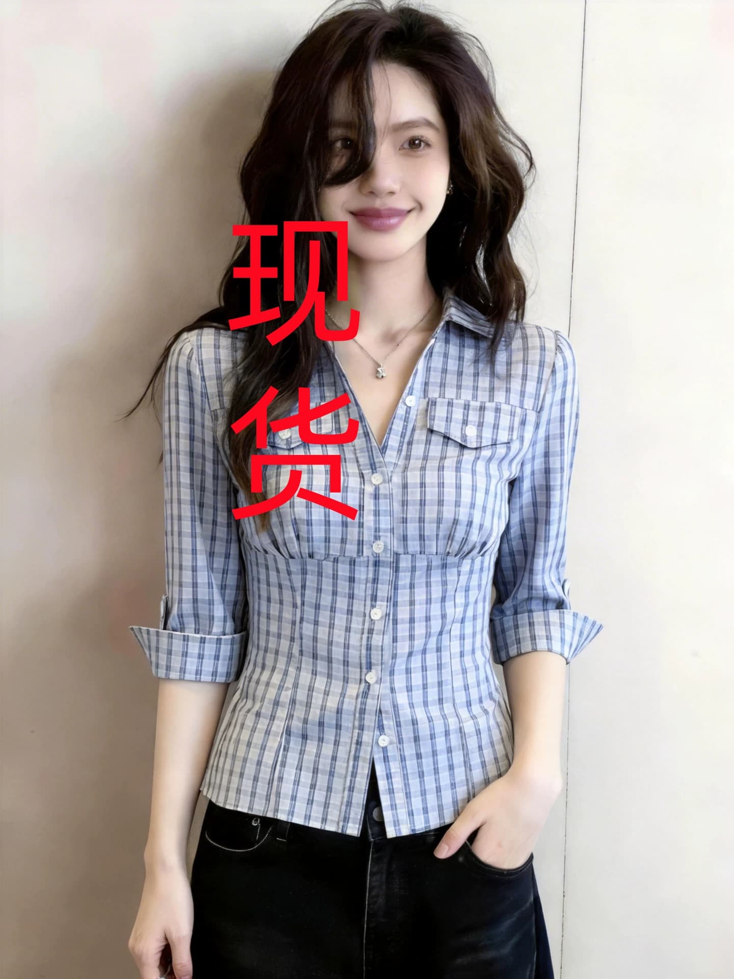 한 부서 레트로 중간 소매 폴로 칼라 체크무늬 여성 셔츠 여름 출퇴근 착용 가져 가라. 디자인 센스 품격 맨위 상세 이미지 1