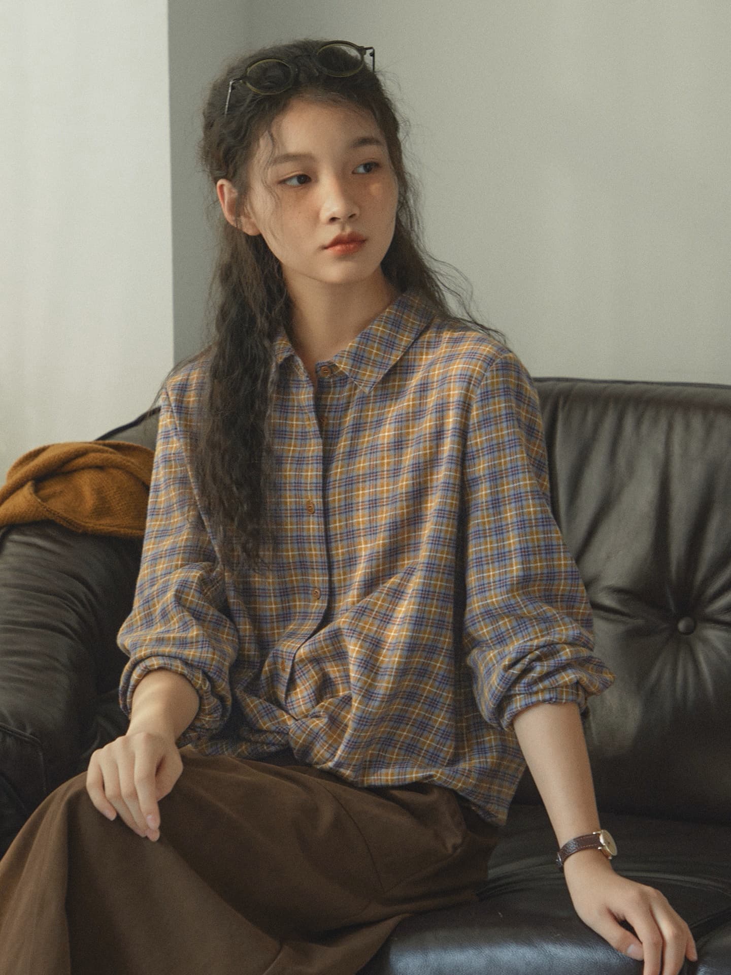 측면 솔기 오리지널 순면 체크무늬 여성 셔츠 가을 출퇴근 폴로 칼라 캐주얼 맨위 루즈핏 다용도 긴팔 셔츠 상세 이미지 1