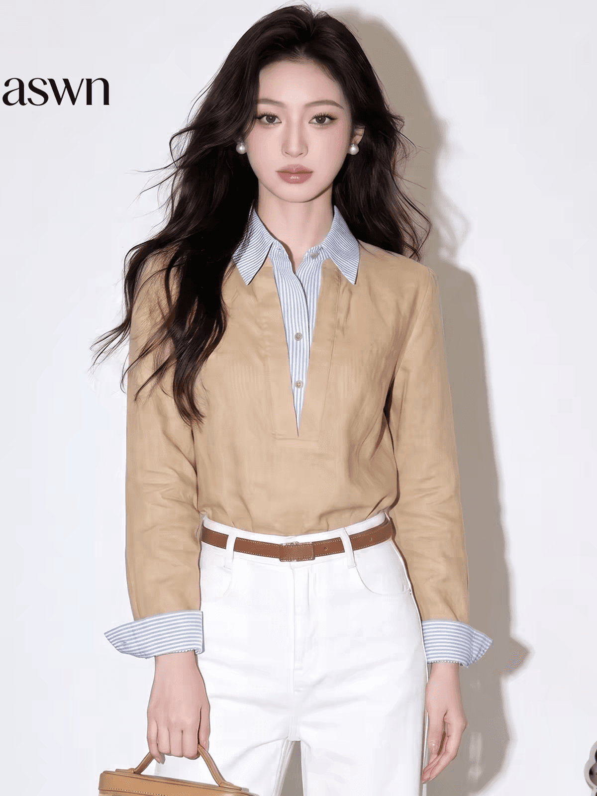 aswn 오래된 돈 바람 착용 가져 가라. 카키 색 폴로 칼라 페이크 레이어드 스트라이프 패치워크 셔츠 맨위 여성 가을 2026 새로운 이미지 2
