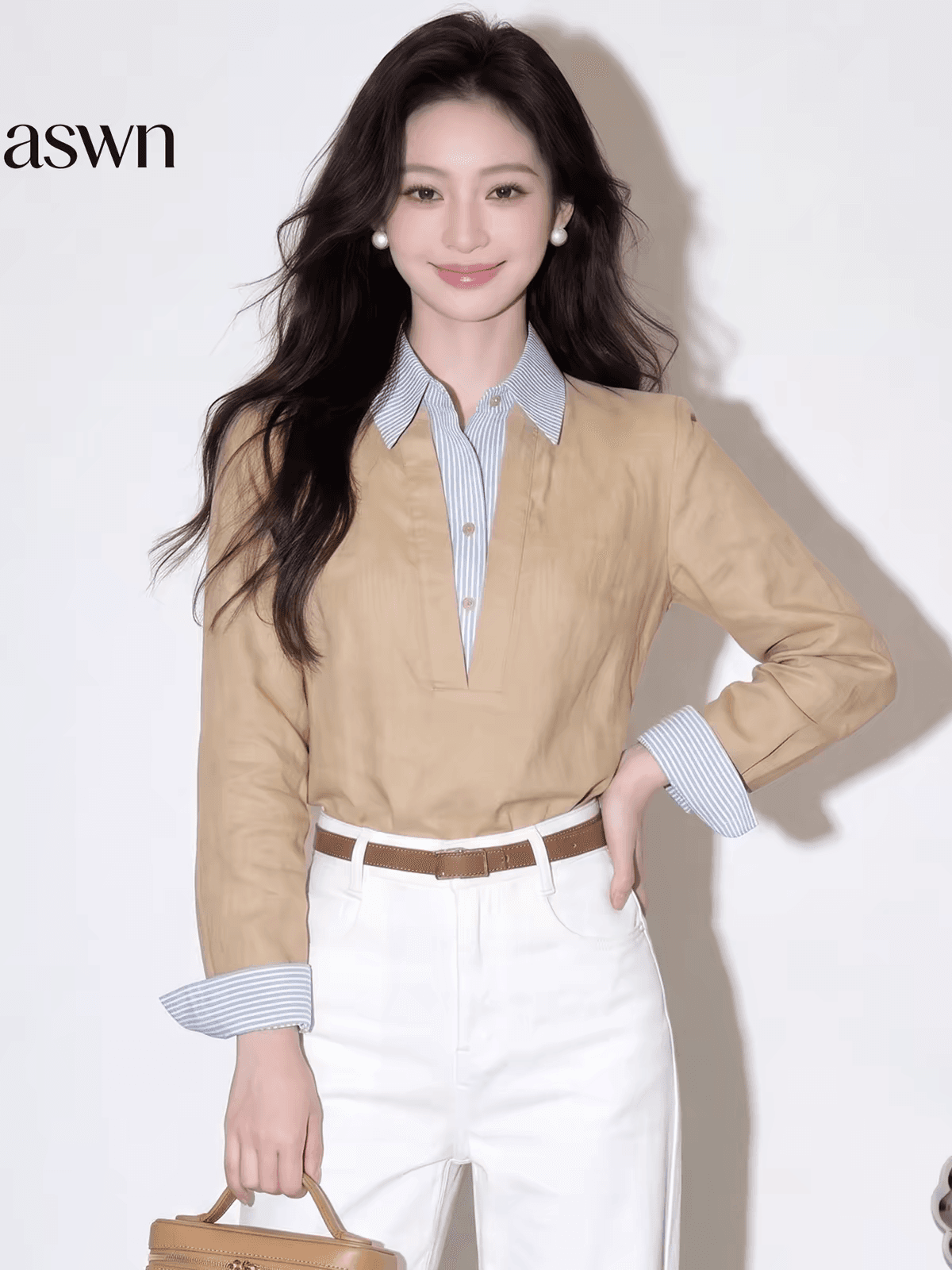 aswn 오래된 돈 바람 착용 가져 가라. 카키 색 폴로 칼라 페이크 레이어드 스트라이프 패치워크 셔츠 맨위 여성 가을 2026 새로운 이미지 3