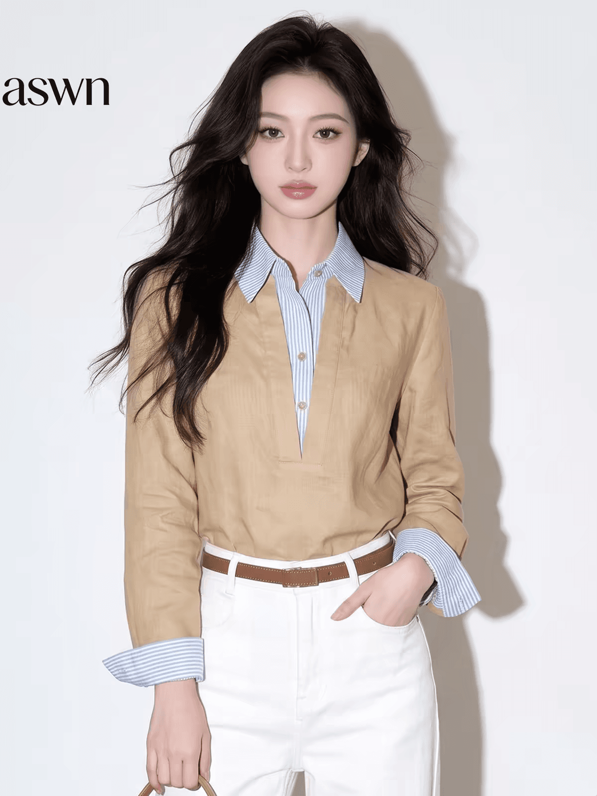 aswn 오래된 돈 바람 착용 가져 가라. 카키 색 폴로 칼라 페이크 레이어드 스트라이프 패치워크 셔츠 맨위 여성 가을 2026 새로운 상세 이미지 1