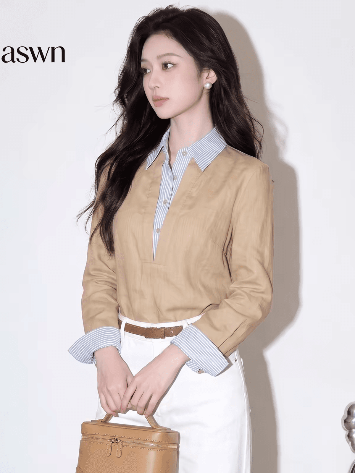 aswn 오래된 돈 바람 착용 가져 가라. 카키 색 폴로 칼라 페이크 레이어드 스트라이프 패치워크 셔츠 맨위 여성 가을 2026 새로운 상세 이미지 4