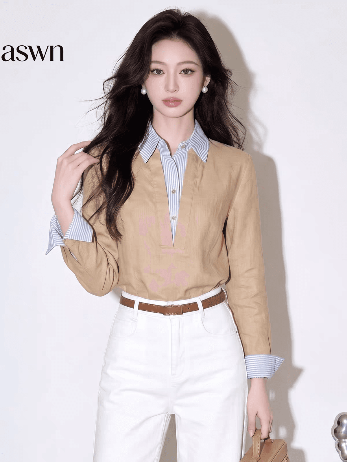 aswn 오래된 돈 바람 착용 가져 가라. 카키 색 폴로 칼라 페이크 레이어드 스트라이프 패치워크 셔츠 맨위 여성 가을 2026 새로운 상세 이미지 5