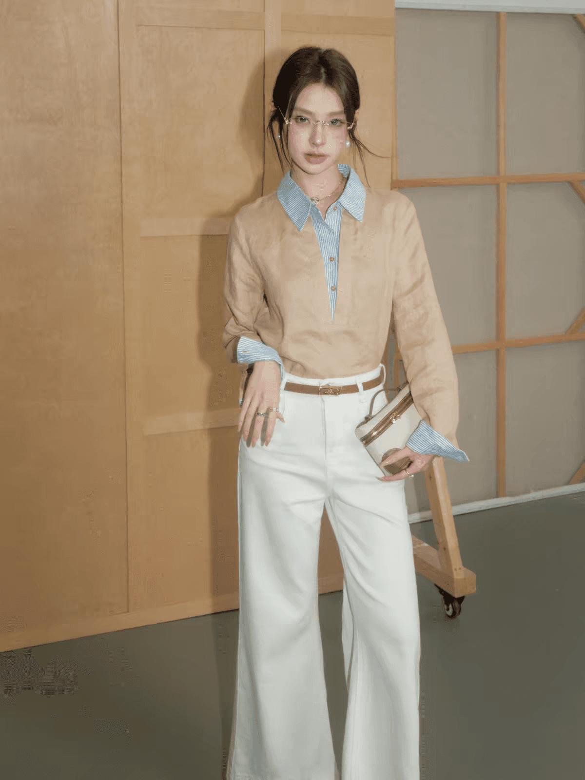olivia duo 직장 스트라이프 패치워크 셔츠 2026 가을 카키 폴로 칼라 페이크 레이어드 아마 여성 셔츠 상세 이미지 3