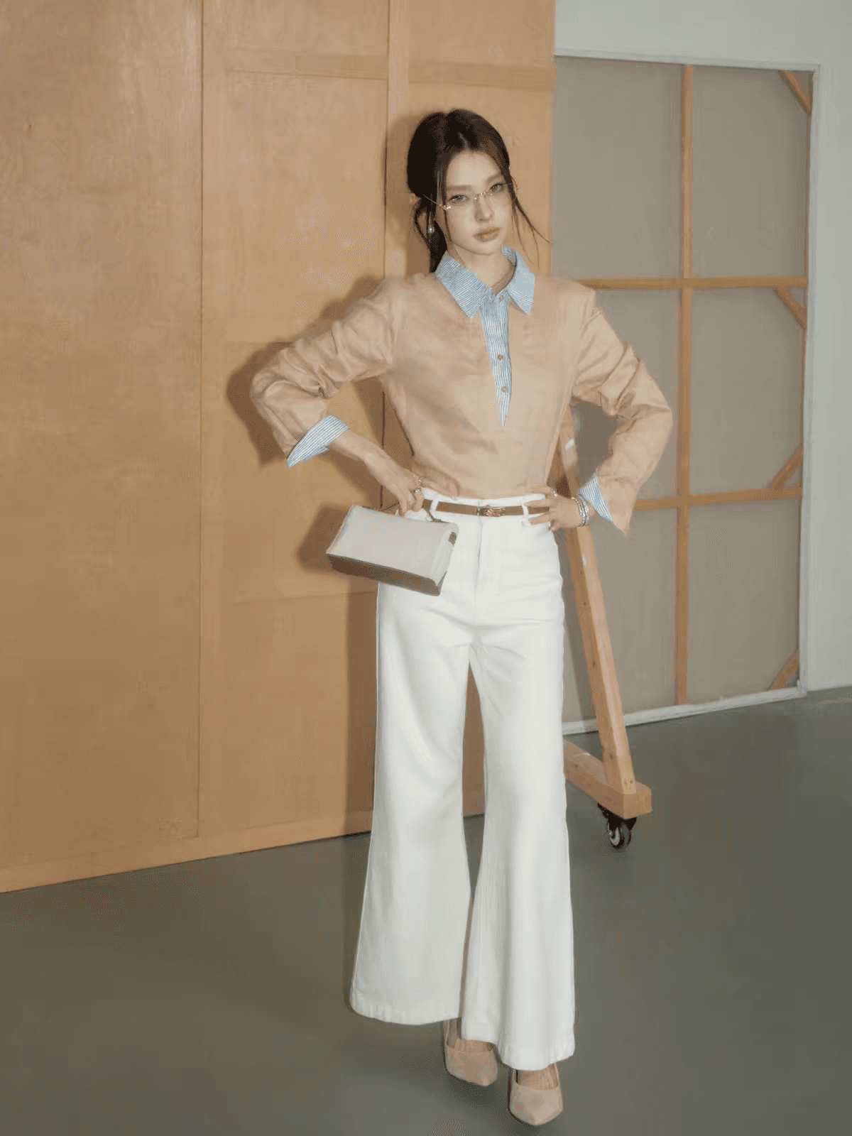 olivia duo 직장 스트라이프 패치워크 셔츠 2026 가을 카키 폴로 칼라 페이크 레이어드 아마 여성 셔츠 상세 이미지 5