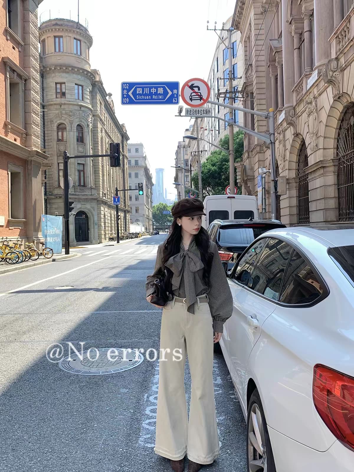 아니요 오류 no errors 레트로 프랑스식 나비 매듭 체크무늬 셔츠 상세 이미지 1