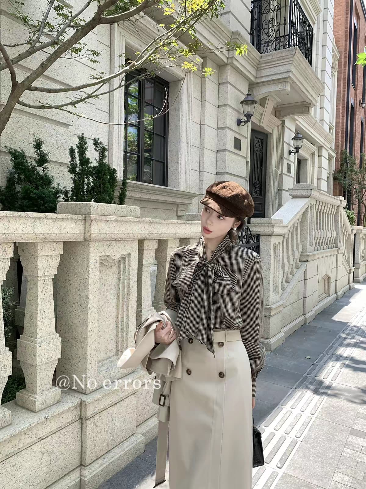 아니요 오류 no errors 레트로 프랑스식 나비 매듭 체크무늬 셔츠 상세 이미지 4