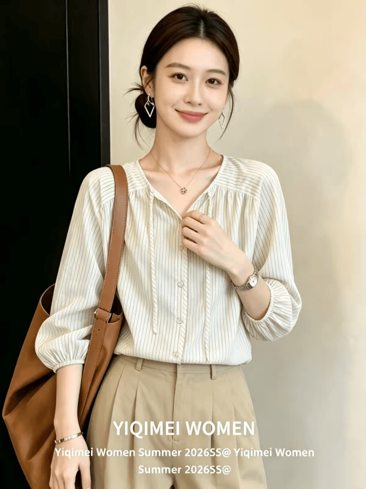 북섬 amuu 오리지널 한 부서 스트라이프 작은 V넥 스트랩 여성 셔츠 봄 새로운 벌룬 소매 단추 맨위 상세 이미지 2