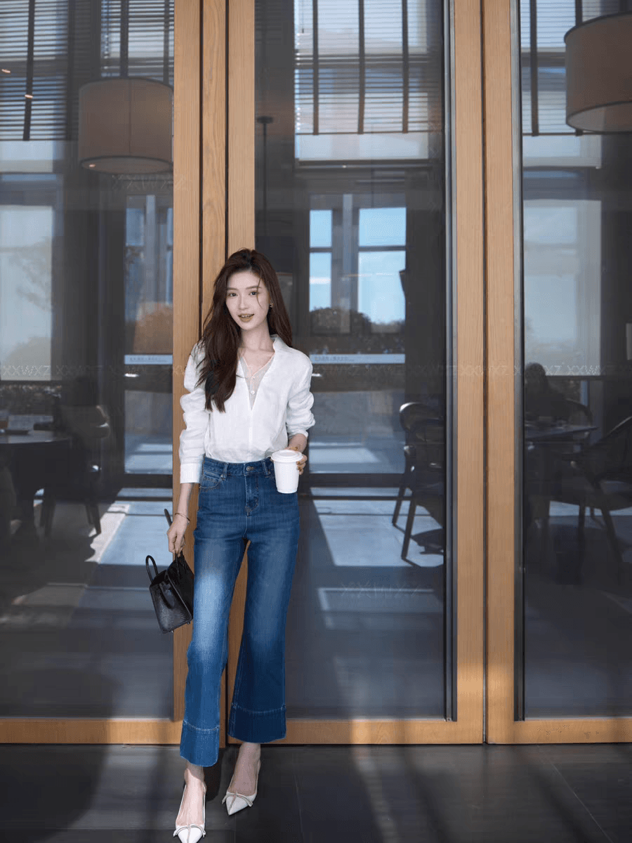 한국 동대문 이른 가을 새로운 품격 출퇴근 바람 폴로 칼라 반 개방 버클 느긋한 바람 레이스 변경 셔츠 맨위 여성 이미지 2