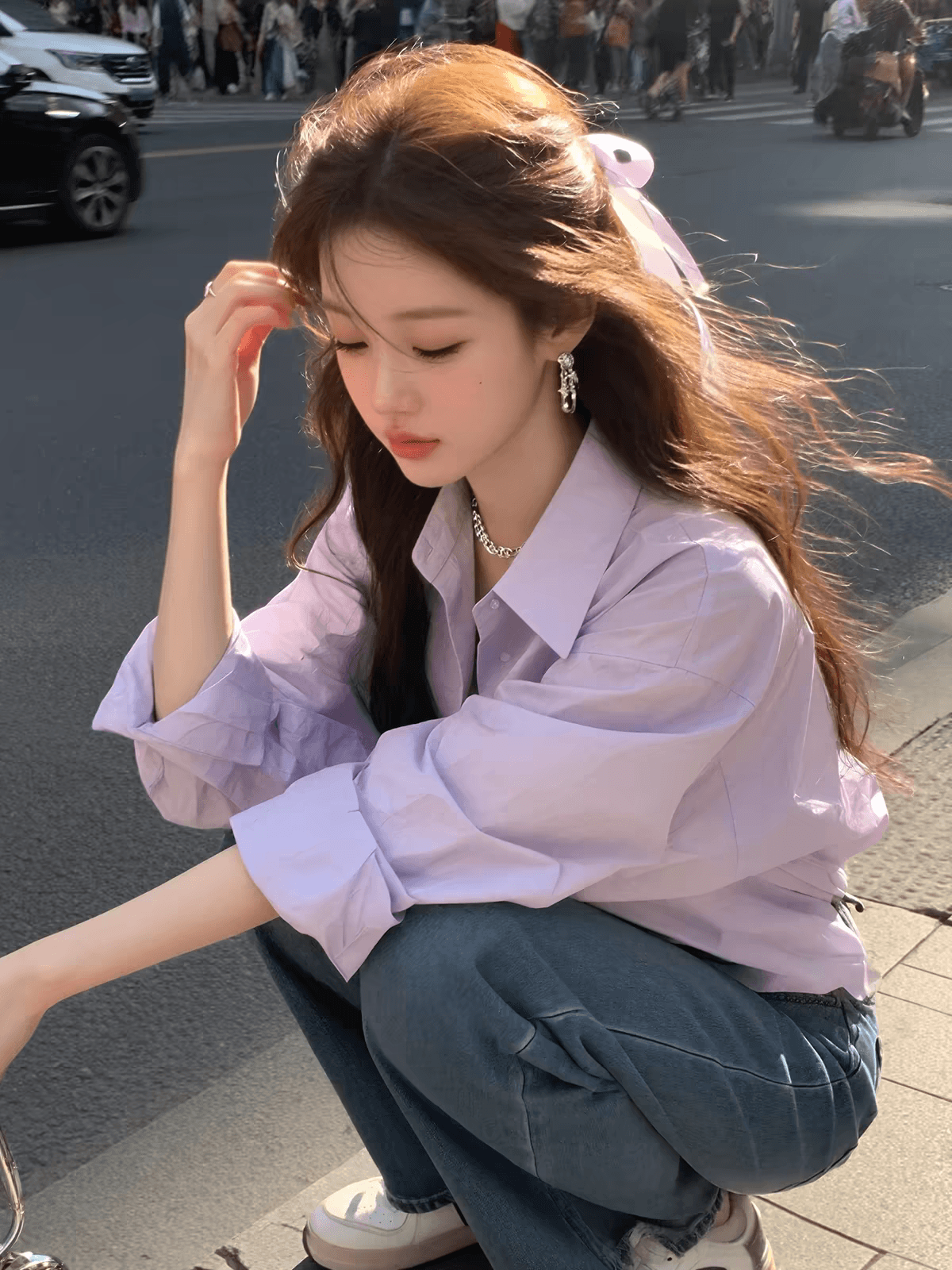 보라색 여성 셔츠 디자인 센스 작은 대중 고급 센스 루즈핏 캐주얼 작은 키 한 첨부 된 의류 인사이드 가져 가라. 스택 착용 셔츠 이미지 4
