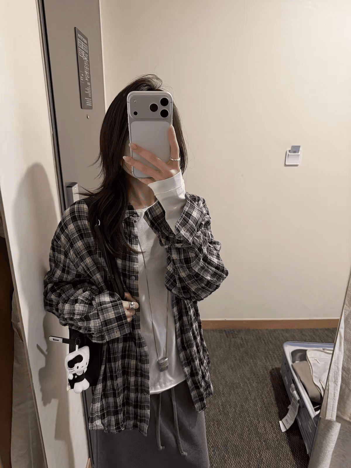 chooouan_ 주름 질감 느슨함 센스 체크무늬 긴팔 셔츠 여성 코트 이른 가을 루즈핏 스택 착용 맨위 상세 이미지 1