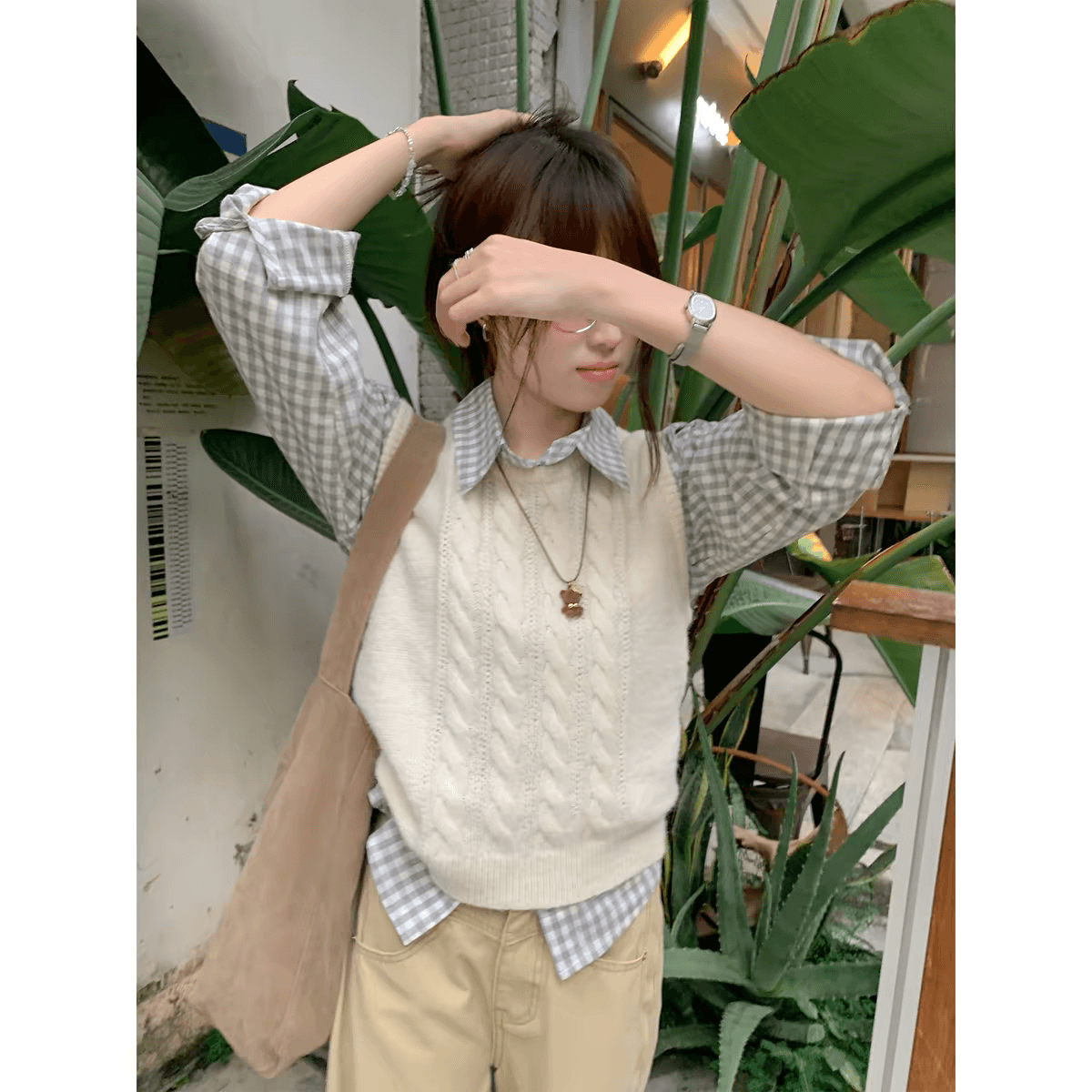 sisilyon 느긋한 가을로 라 한국 스타일 레트로 회색 체크무늬 여성 셔츠 작은 키 캐주얼 면 100% 셔츠 이미지 4