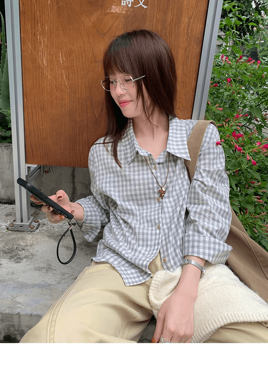 sisilyon 느긋한 가을로 라 한국 스타일 레트로 회색 체크무늬 여성 셔츠 작은 키 캐주얼 면 100% 셔츠 상세 이미지 1