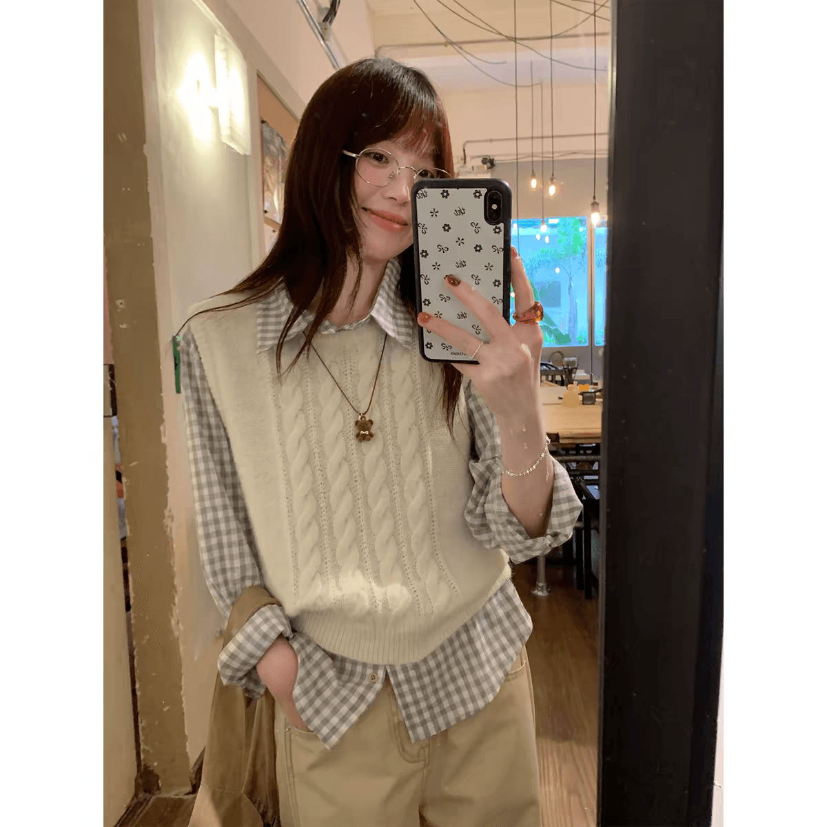 sisilyon 느긋한 가을로 라 한국 스타일 레트로 회색 체크무늬 여성 셔츠 작은 키 캐주얼 면 100% 셔츠 상세 이미지 2