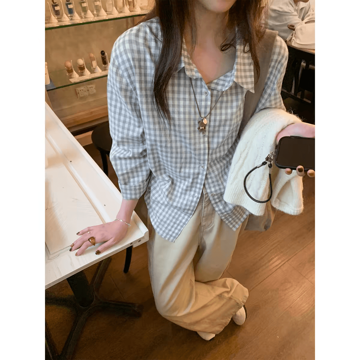 sisilyon 느긋한 가을로 라 한국 스타일 레트로 회색 체크무늬 여성 셔츠 작은 키 캐주얼 면 100% 셔츠 상세 이미지 3