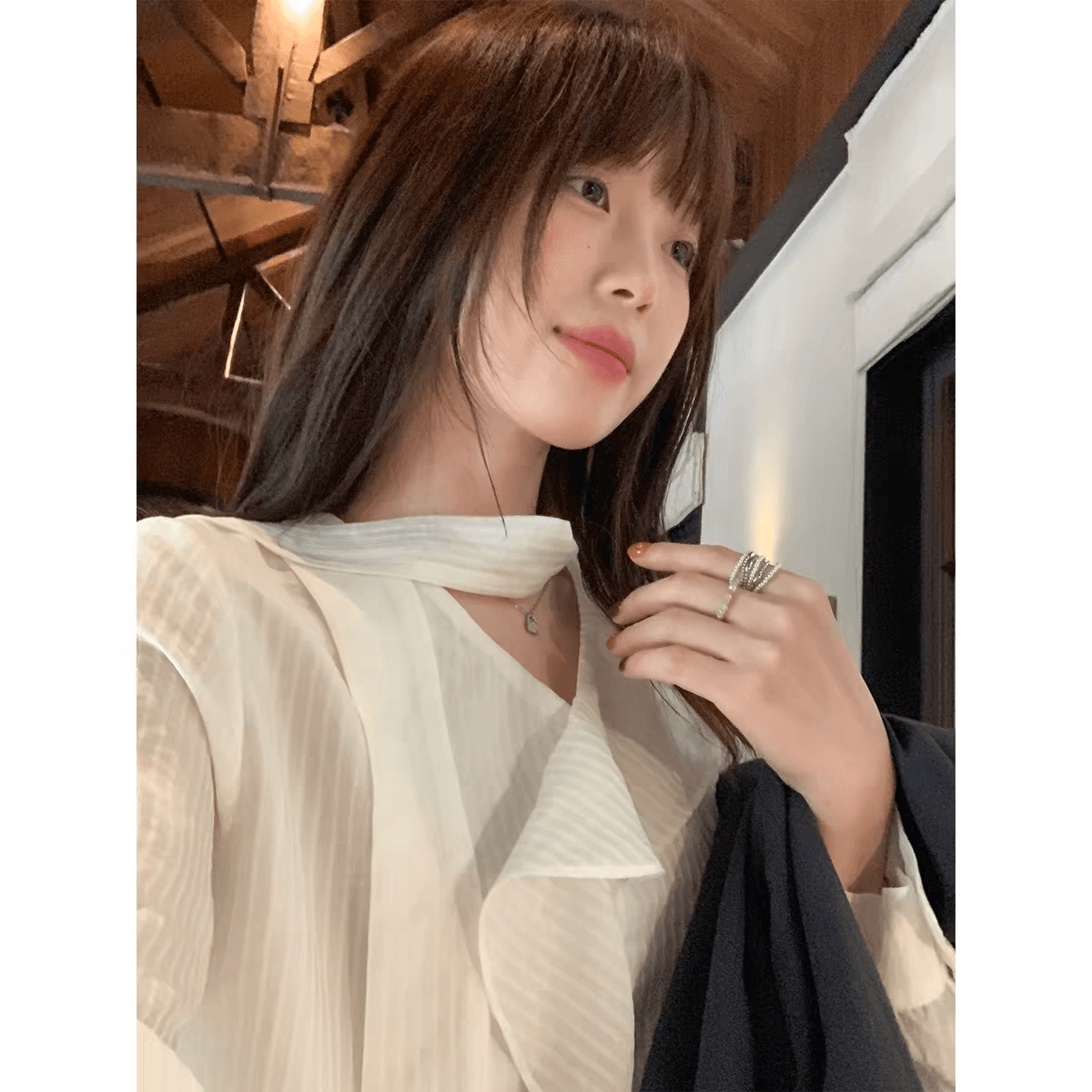 sisilyon 우아한 머리말 구름 실 프랑스식 분위기 레이스 칼라 스트라이프 셔츠 여성 작은 키 부드러운 리본 셔츠 상세 이미지 4