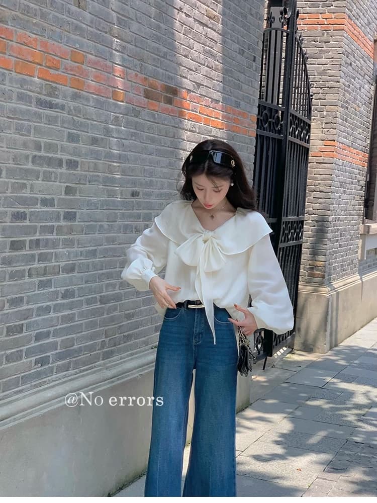 아니요 오류 no errors 주간 실크 아세트산 둘 착용 폴로 칼라 나비 매듭 셔츠 프랑스식 프릴 레이스업 맨위 이미지 2