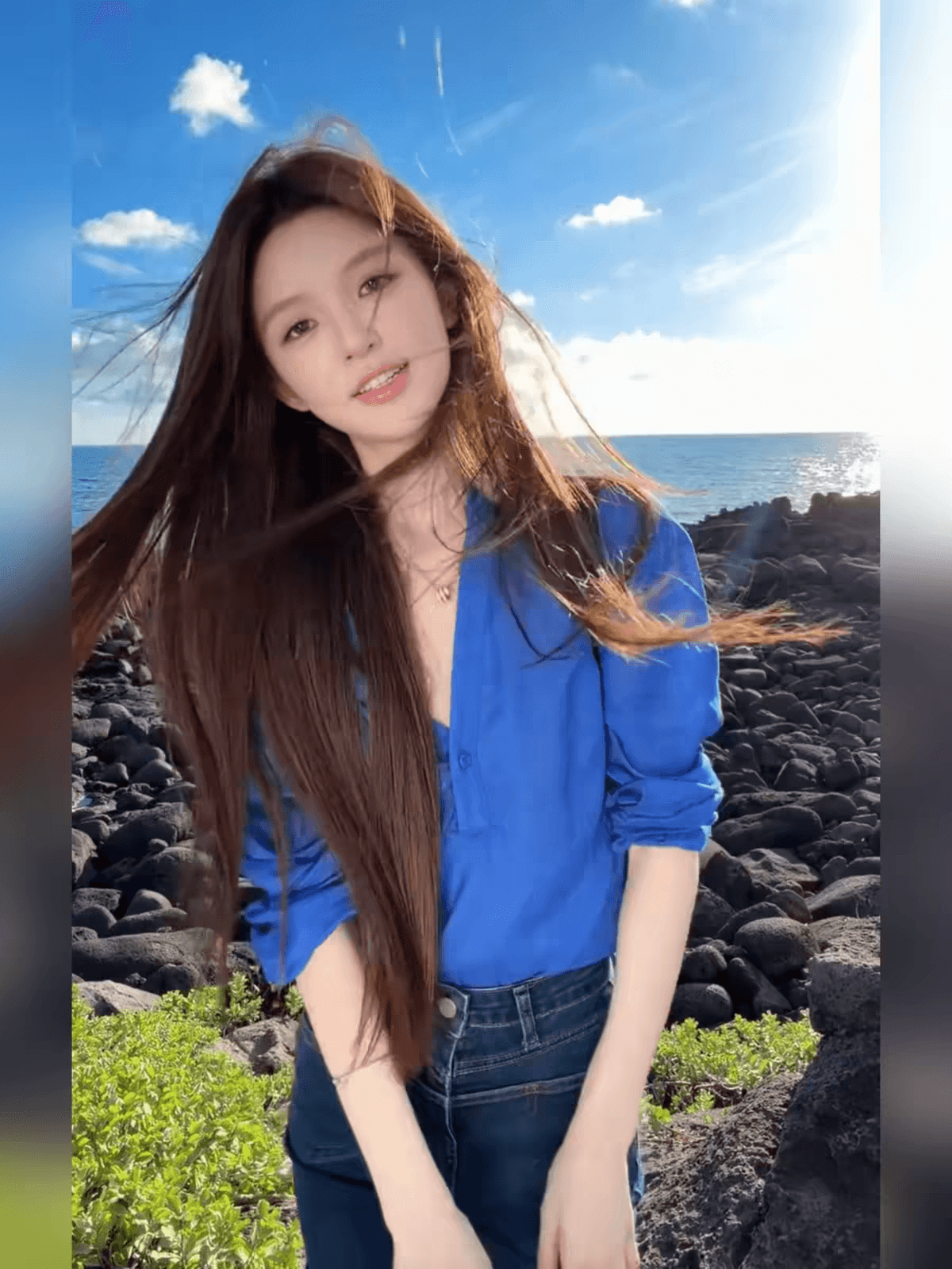 한 부서 파란색 V넥 자외선 차단 긴팔 여성 셔츠 여름 디자인 센스 순수한 욕망 루즈핏 얇은 스타일 다용도 셔츠 맨위 상세 이미지 1