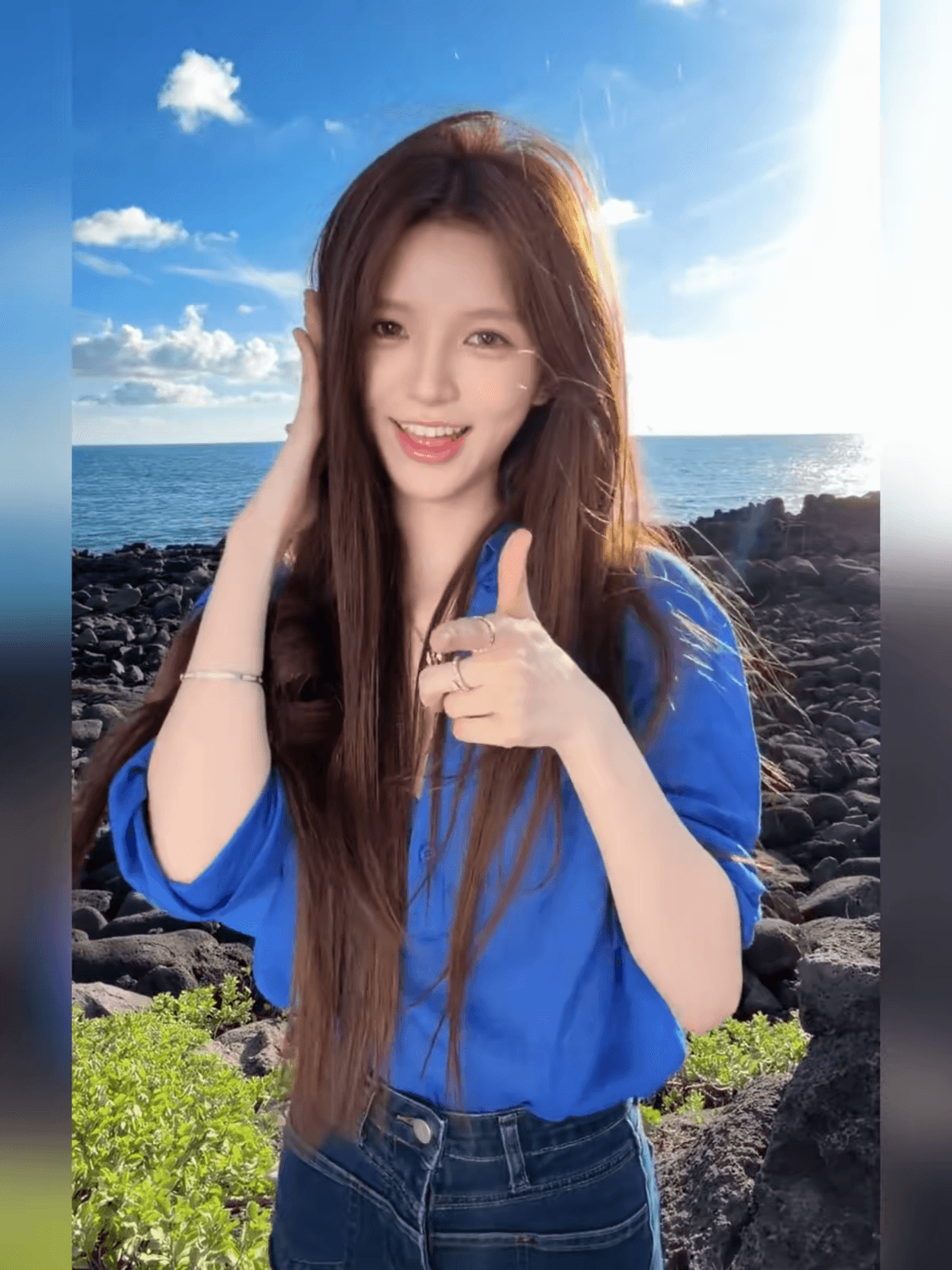 한 부서 파란색 V넥 자외선 차단 긴팔 여성 셔츠 여름 디자인 센스 순수한 욕망 루즈핏 얇은 스타일 다용도 셔츠 맨위 상세 이미지 2