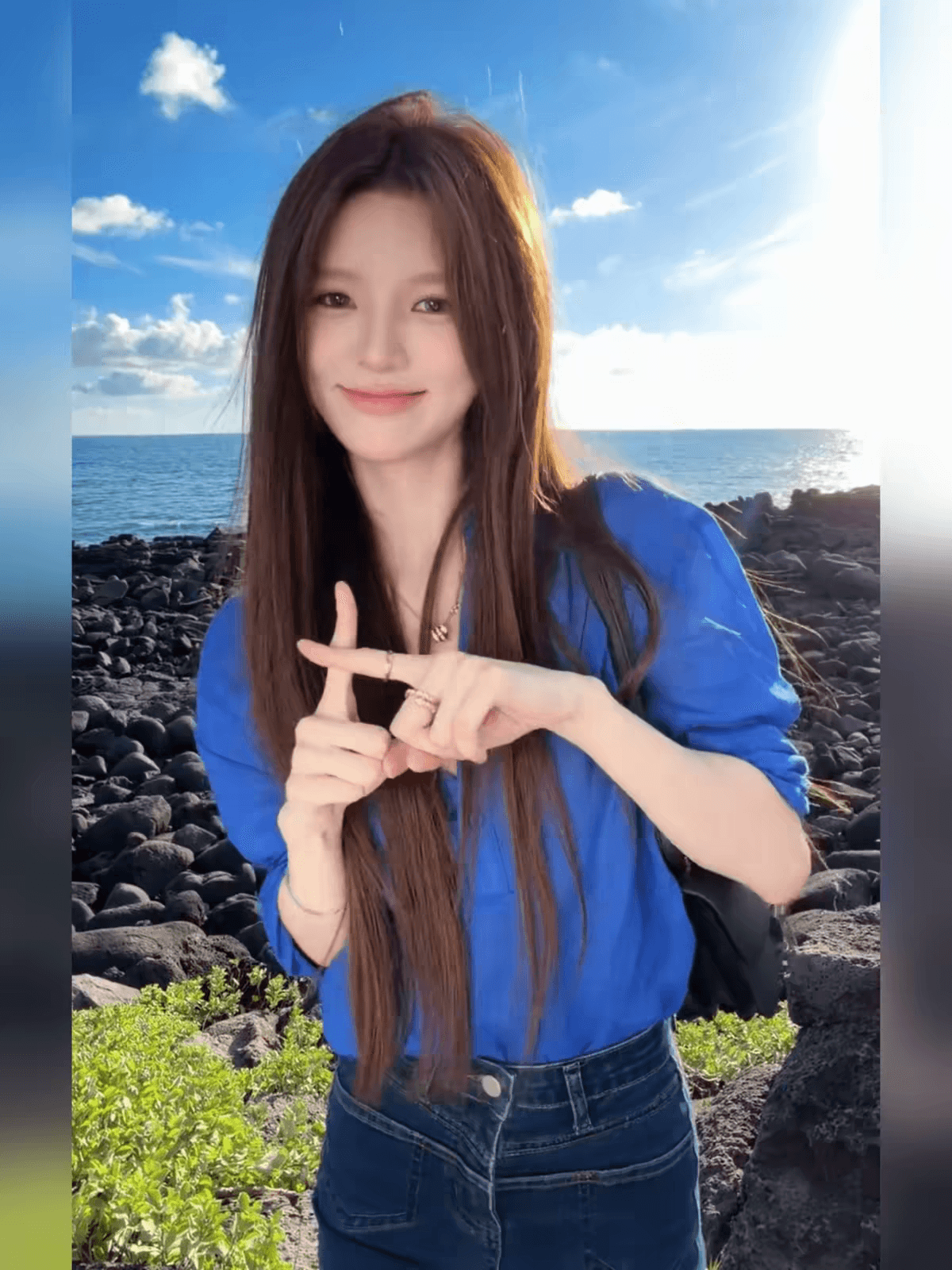 한 부서 파란색 V넥 자외선 차단 긴팔 여성 셔츠 여름 디자인 센스 순수한 욕망 루즈핏 얇은 스타일 다용도 셔츠 맨위 상세 이미지 3