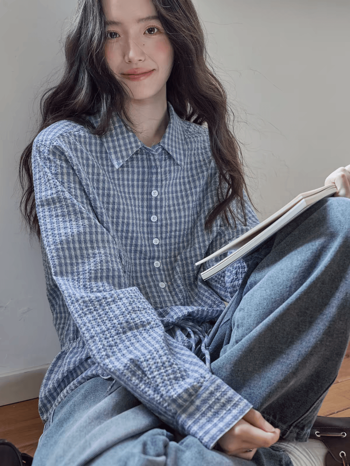 1313 블루 화이트 작은 체크무늬 질감 레이스 펌프 로프 허리 수축 슬림해 보이는 셔츠 이미지 2