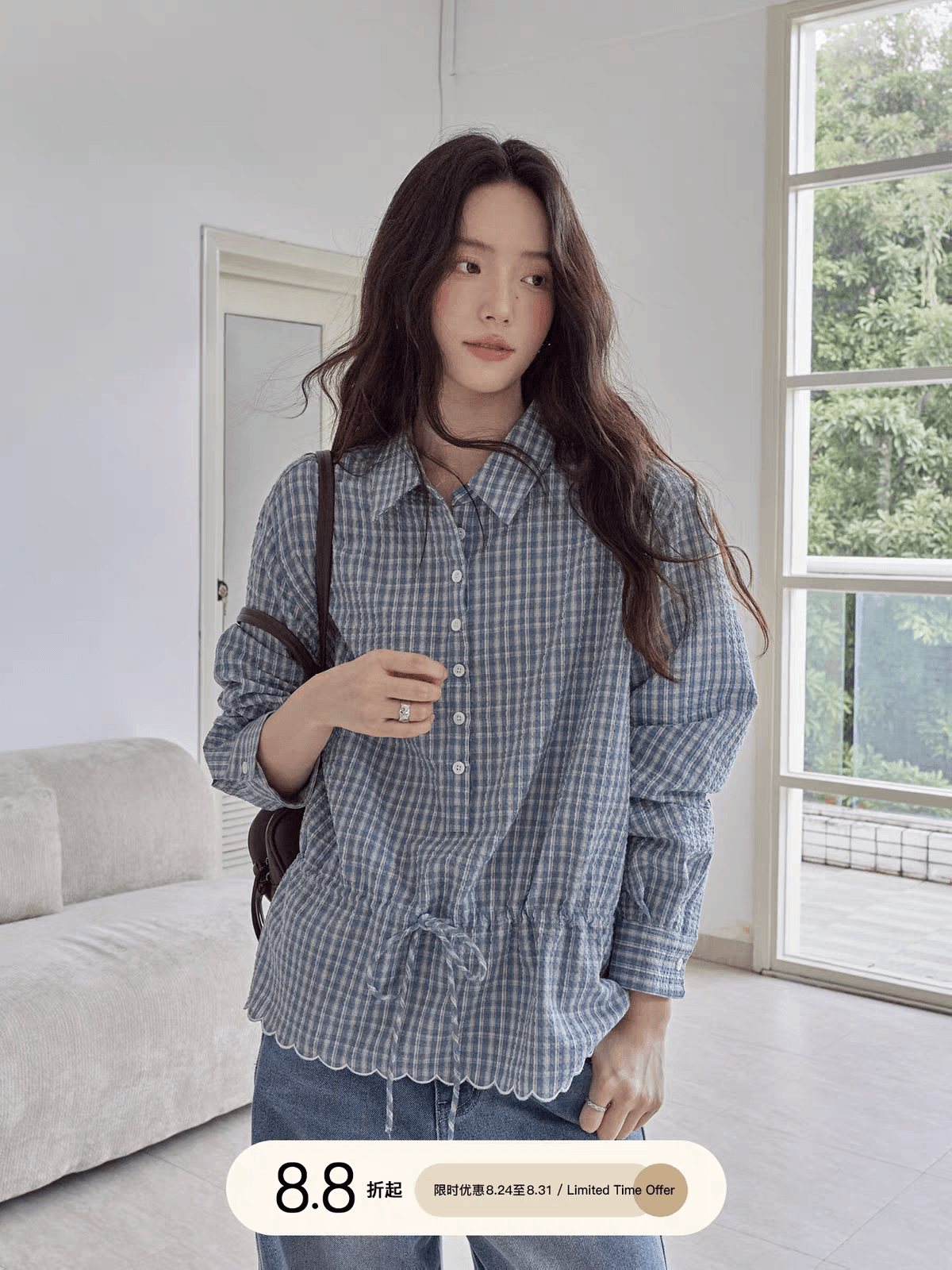 1313 블루 화이트 작은 체크무늬 질감 레이스 펌프 로프 허리 수축 슬림해 보이는 셔츠 상세 이미지 1